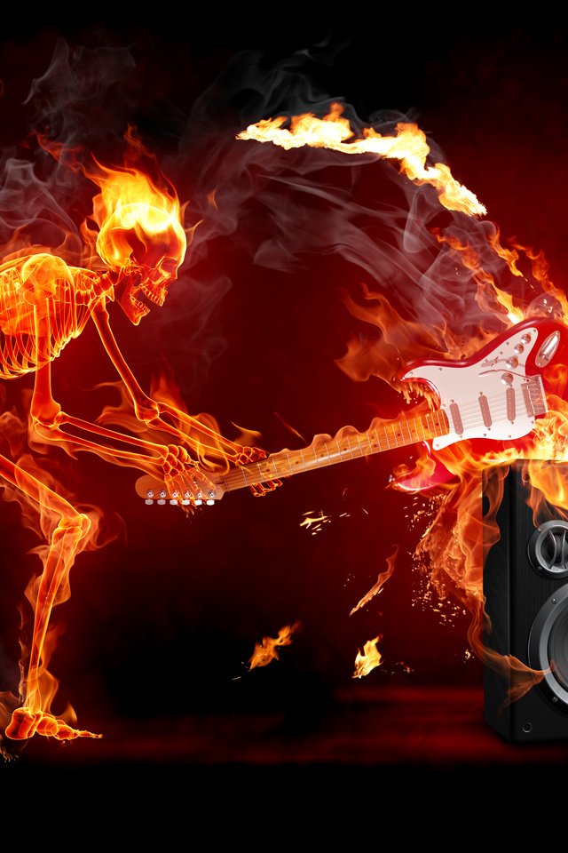 Обои гитара, огонь, рок, скелет, электричество, guitar, fire, rock, skeleton, electricity разрешение 6332x4749 Загрузить