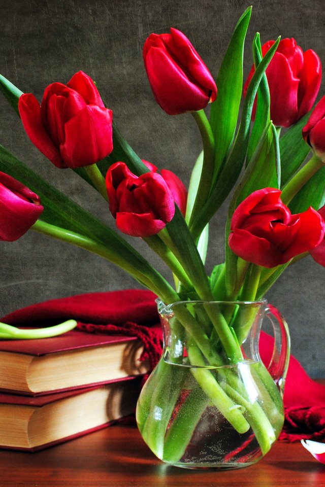 Обои ваза, цветы, накидка, бутоны, лепестки, книги, стол, лепесток, букет, тюльпаны, vase, flowers, cape, buds, petals, books, table, petal, bouquet, tulips разрешение 2560x1600 Загрузить