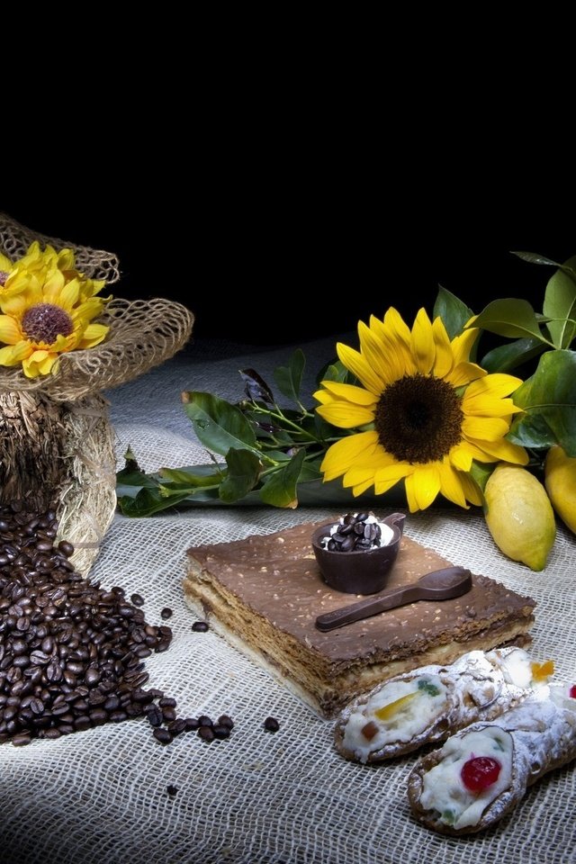 Обои цветы, натюрморт, крем для торта, пирожное, кофе, подсолнухи, чашка, кофейные зерна, торт, десерт, flowers, still life, cream cake, coffee, sunflowers, cup, coffee beans, cake, dessert разрешение 2048x1339 Загрузить
