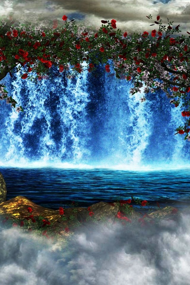 Обои облака, деревья, река, водопад, луна, clouds, trees, river, waterfall, the moon разрешение 2560x1600 Загрузить