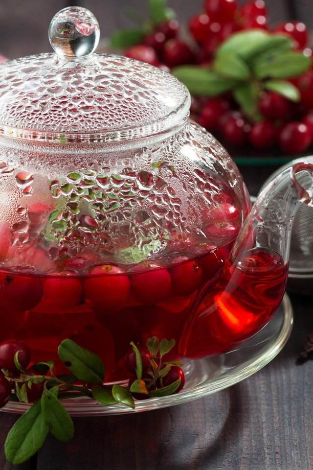 Обои напиток, ягоды, чай, заварник, брусника, drink, berries, tea, teapot, cranberries разрешение 2048x1367 Загрузить