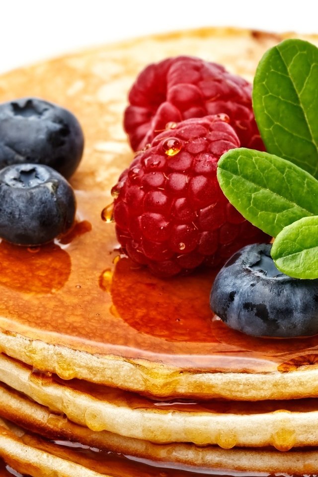 Обои мята, малина, черника, мед, блинчики, блины, ягодами, mint, raspberry, blueberries, honey, pancakes, berries разрешение 1920x1080 Загрузить
