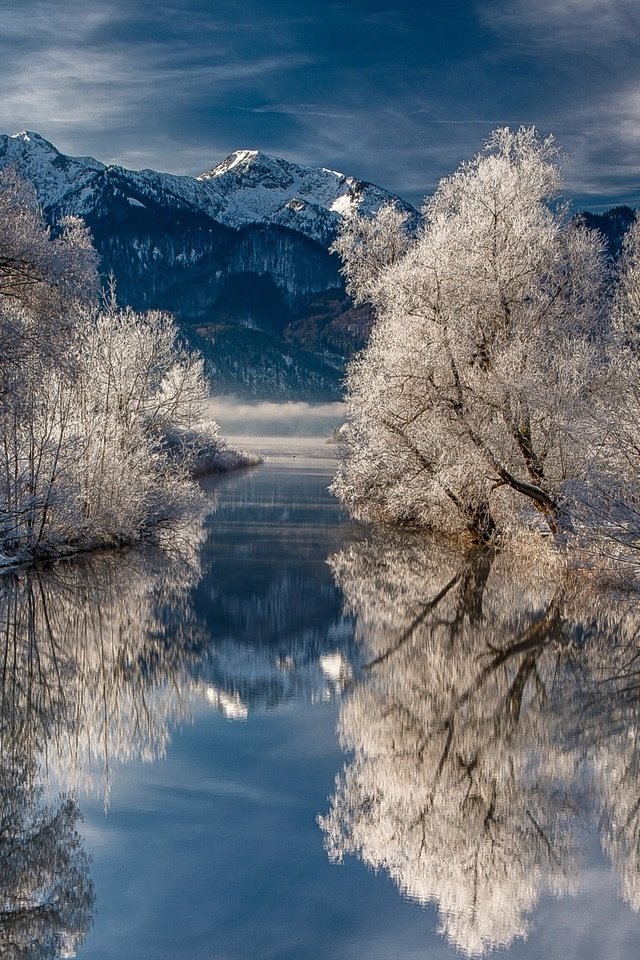 Обои деревья, озеро, снег, природа, зима, отражение, trees, lake, snow, nature, winter, reflection разрешение 2048x1152 Загрузить