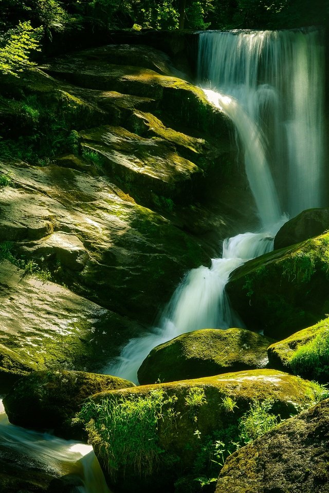 Обои свет, камни, водопад, мох, light, stones, waterfall, moss разрешение 3840x2160 Загрузить