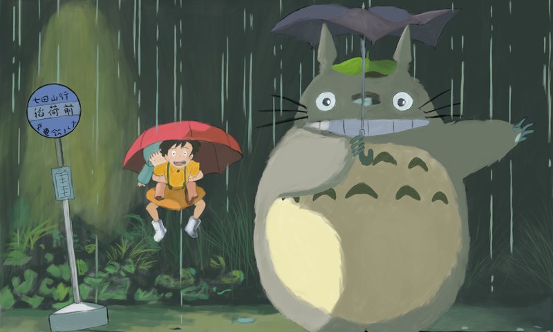 Обои дождь, тоторо, хаяо миядзаки, зонт, rain, totoro, hayao miyazaki, umbrella разрешение 3508x2480 Загрузить