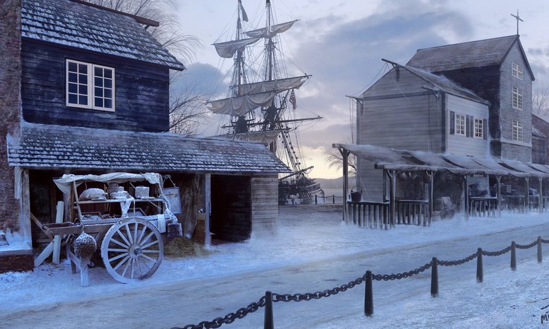 Обои дорога, зима, корабль, парусник, дома, повозка, road, winter, ship, sailboat, home, wagon разрешение 2048x1151 Загрузить