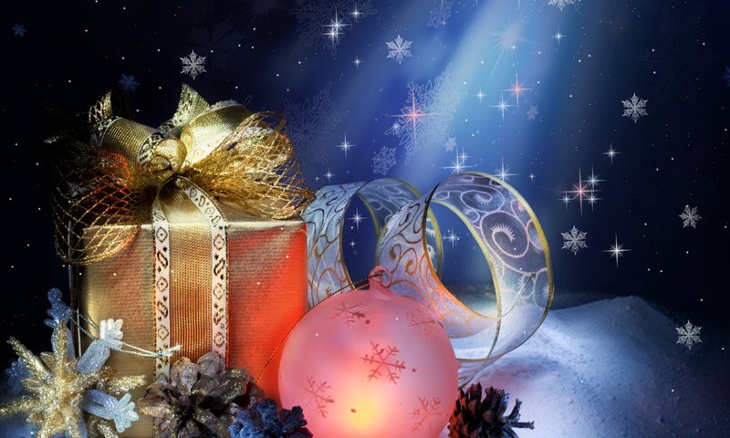 Обои снег, новый год, игрушка, подарок, шишки, новогодний шарик, snow, new year, toy, gift, bumps, new year's eve ball разрешение 3648x3450 Загрузить