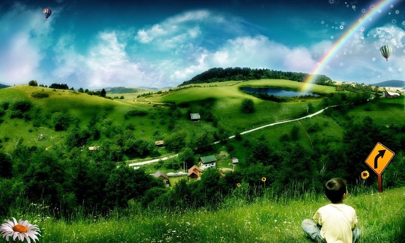 Обои холмы, зелёный, радуга, дети, hills, green, rainbow, children разрешение 1920x1200 Загрузить