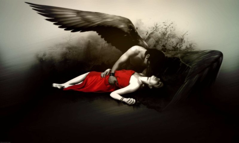 Обои девушка, черно-белая, ангел, красное платье, girl, black and white, angel, red dress разрешение 1920x1080 Загрузить