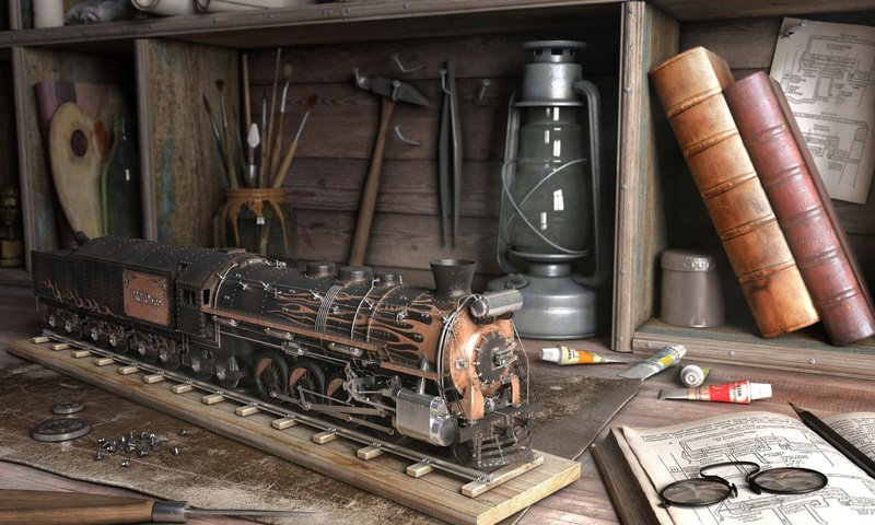 Обои лампа, книги, поезд, инструменты, кисти, lamp, books, train, tools, brush разрешение 2000x1250 Загрузить