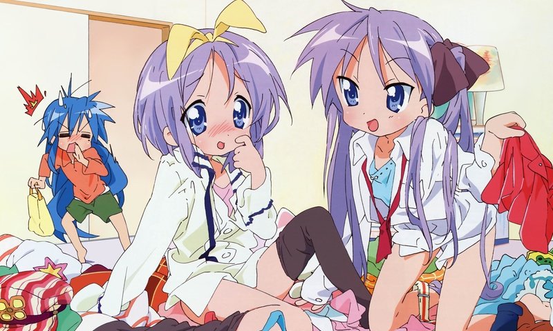 Обои lucky star, izumi konata, hiiragi tsukasa, hiiragi kagami разрешение 3996x2500 Загрузить