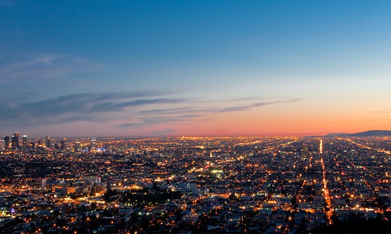 Обои вид, панорама, лос-анджелес, вечерние огни, лос-анжелес, view, panorama, los angeles, evening lights разрешение 2831x1080 Загрузить