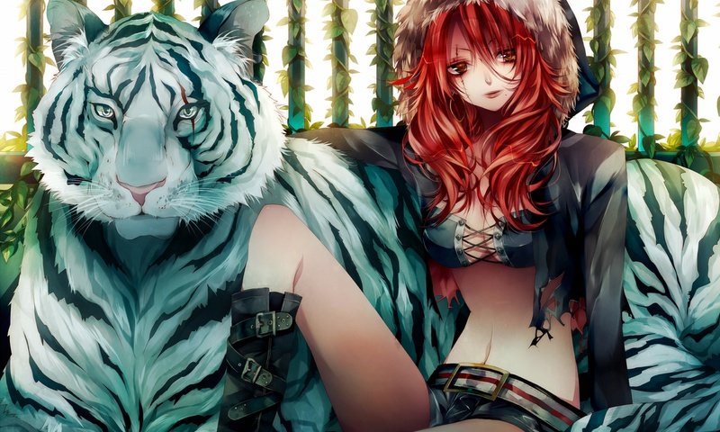 Обои тигр, девушка, красные волосы, tiger, girl, red hair разрешение 2560x1600 Загрузить