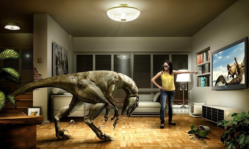 Обои девушка, телевизор, динозавр, юмор, girl, tv, dinosaur, humor разрешение 1920x1200 Загрузить