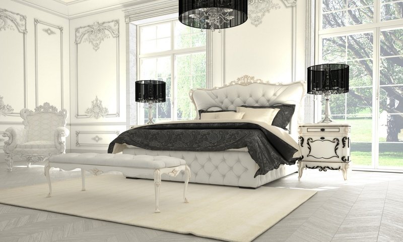 Обои роскошная спальня, спальня в черно-белой гамме, luxurious bedroom, bedroom in black and white разрешение 1920x1173 Загрузить