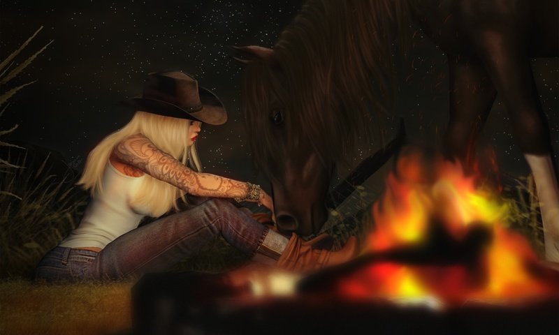 Обои лошадь, вечер, девушка, джинсы, тату, костёр, шляпа, horse, the evening, girl, jeans, tattoo, the fire, hat разрешение 2048x1370 Загрузить