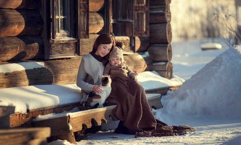 Обои дитя, снег, зима, настроение, кот, ребенок, плед, изба, мать, snow, winter, mood, cat, child, plaid, hut, mother разрешение 1920x1280 Загрузить