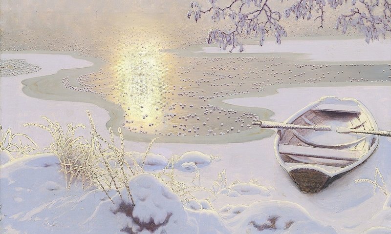 Обои арт, озеро, зима, пейзаж, лодка, gustaf fjaestad, art, lake, winter, landscape, boat разрешение 1920x1200 Загрузить