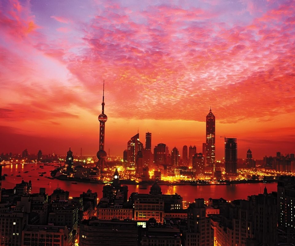 Обои огни, закат, небоскребы, шанхай, башня, lights, sunset, skyscrapers, shanghai, tower разрешение 1920x1200 Загрузить