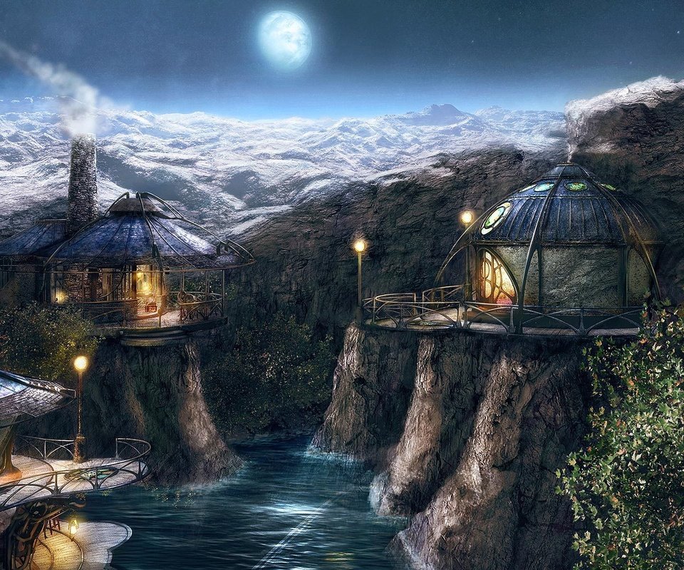 Обои река, горы, myst 4, деревня, луна, river, mountains, village, the moon разрешение 3200x1200 Загрузить