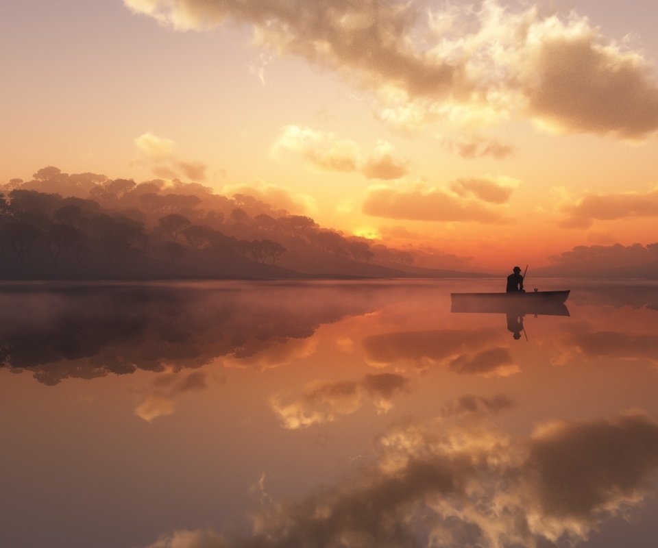 Обои озеро, туман, лодка, рыбак, lake, fog, boat, fisherman разрешение 1920x1200 Загрузить