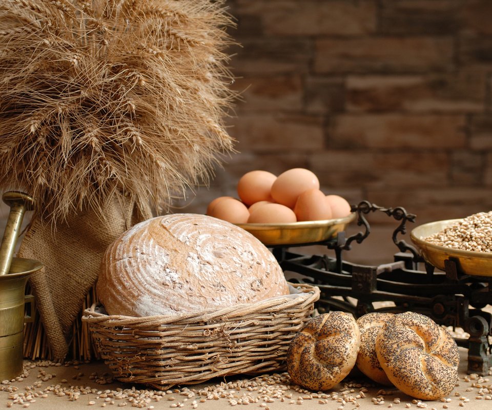 Обои хлеб, весы, яйца, зерно, булочки, мука, ступка, bread, libra, eggs, grain, buns, flour, mortar разрешение 2560x1600 Загрузить
