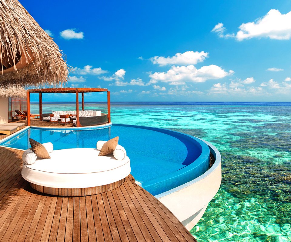 Обои море, бунгало, тропики, мальдивы, sea, bungalow, tropics, the maldives разрешение 2088x1146 Загрузить