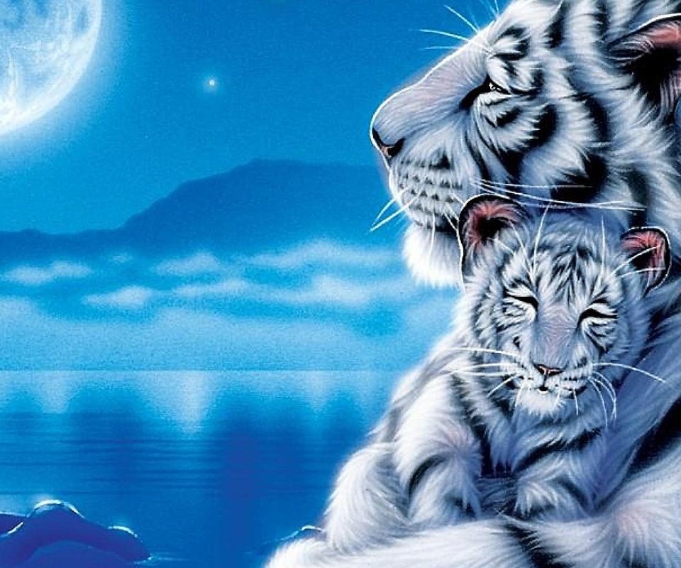 Обои белый тигр с тигренком, white tiger with cub разрешение 1920x1080 Загрузить