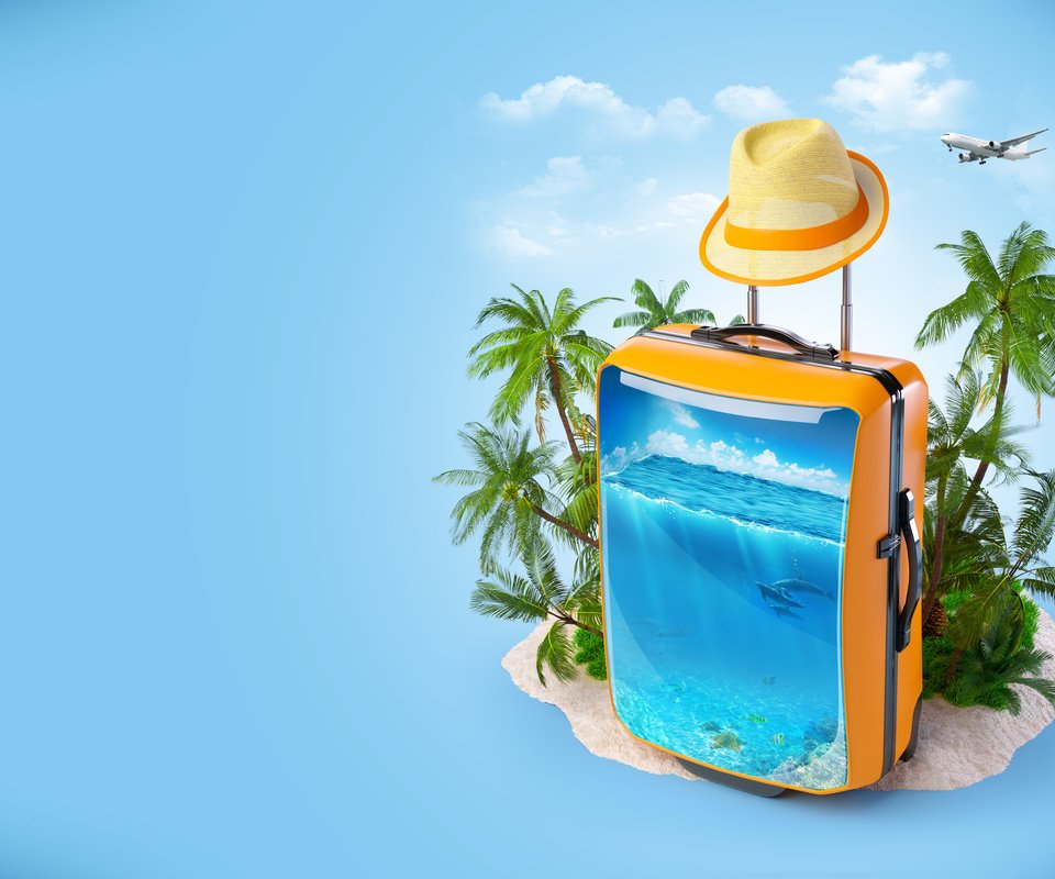 Обои чемодан, облака, курорт., самолет, море, пальмы, креатив, отдых, шляпа, дельфины, suitcase, clouds, resort., the plane, sea, palm trees, creative, stay, hat, dolphins разрешение 6489x4079 Загрузить