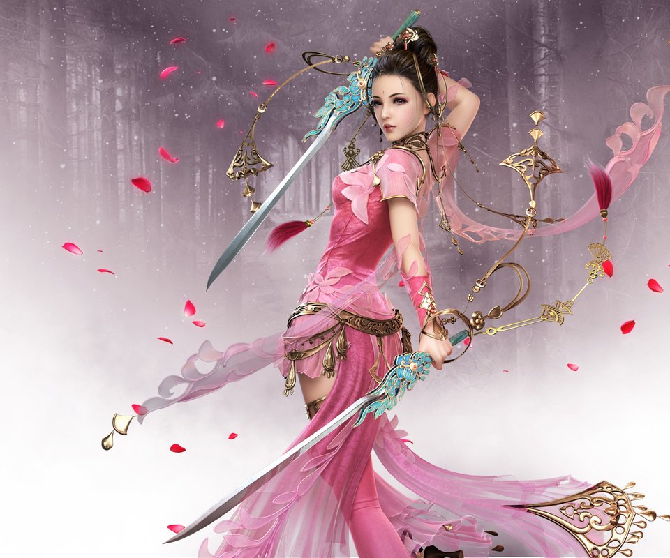 Обои лес, девушка, поза, лепестки, взгляд, розовый, мечи, jx online, forest, girl, pose, petals, look, pink, swords разрешение 1920x1200 Загрузить