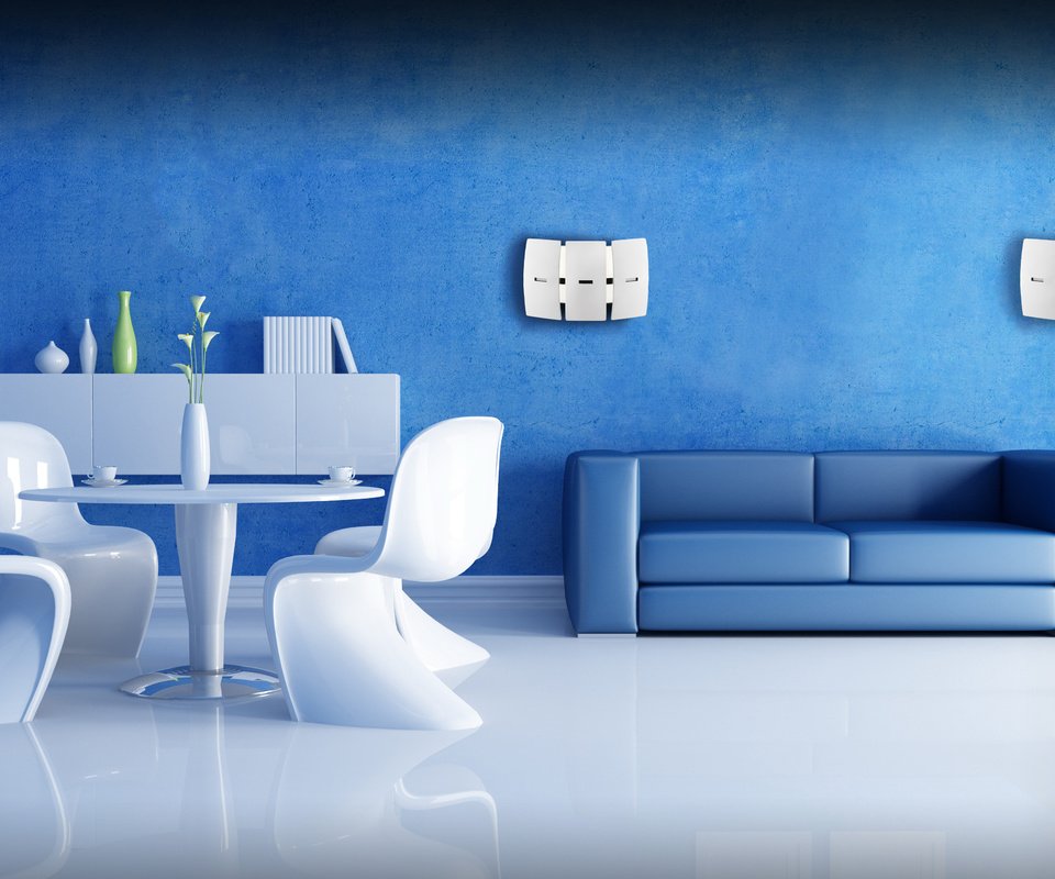 Обои интерьер, гостиная, синяя комната, белая мебель, interior, living room, the blue room, white furniture разрешение 4600x2690 Загрузить
