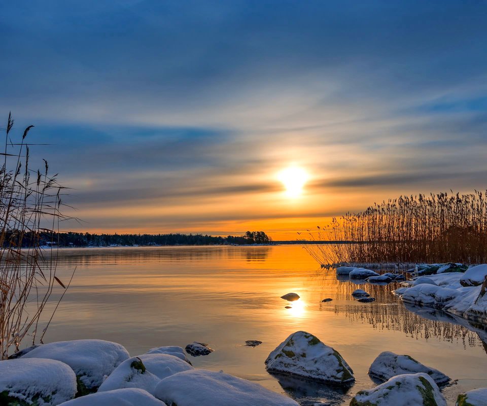 Обои небо, озеро, природа, закат, зима, the sky, lake, nature, sunset, winter разрешение 2560x1600 Загрузить