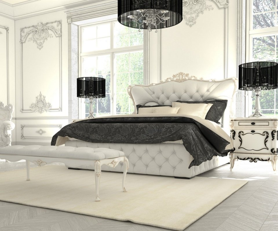 Обои роскошная спальня, спальня в черно-белой гамме, luxurious bedroom, bedroom in black and white разрешение 1920x1173 Загрузить