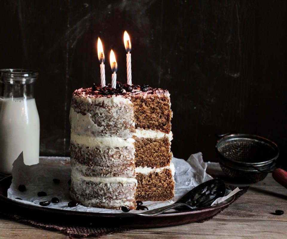 Обои шоколад, крем, сладкое, торт со свечками, день рождения, торт, бутылочка, свечки, лопатка, ситечко, chocolate, cream, sweet, a cake with candles, birthday, cake, bottle, candle, blade, strainer разрешение 2048x1337 Загрузить