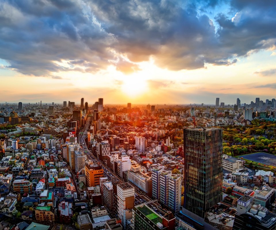 Обои дорога, закат, панорама, япония, здания, токио, road, sunset, panorama, japan, building, tokyo разрешение 5120x2880 Загрузить