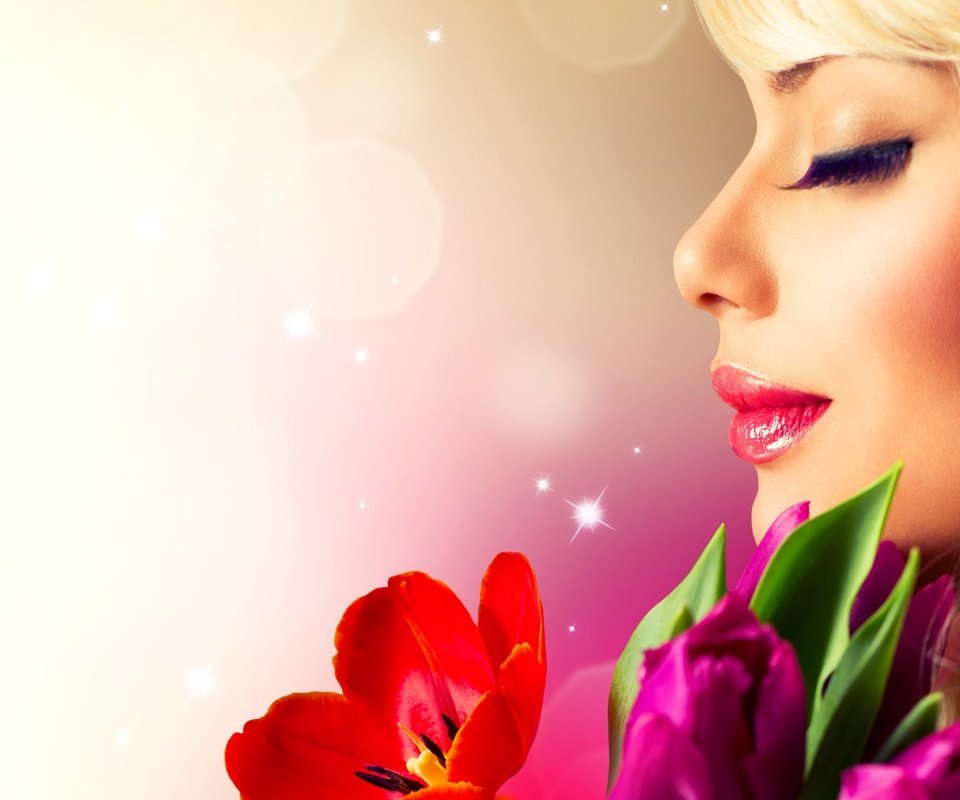 Обои цветы, девушка, профиль, весна, тюльпаны, ресницы, flowers, girl, profile, spring, tulips, eyelashes разрешение 1920x1200 Загрузить