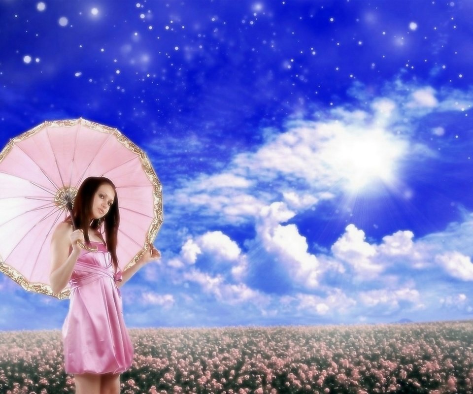 Обои небо, цветы, облака, девушка, поле, весна, зонт, the sky, flowers, clouds, girl, field, spring, umbrella разрешение 1920x1420 Загрузить