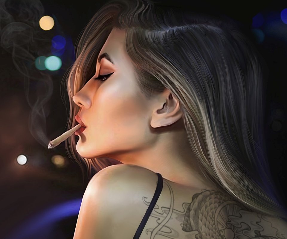 Обои арт, сигарета, девушка, kelly cox, взгляд, фэнтези, профиль, волосы, лицо, татуировка, art, cigarette, girl, look, fantasy, profile, hair, face, tattoo разрешение 1920x1200 Загрузить