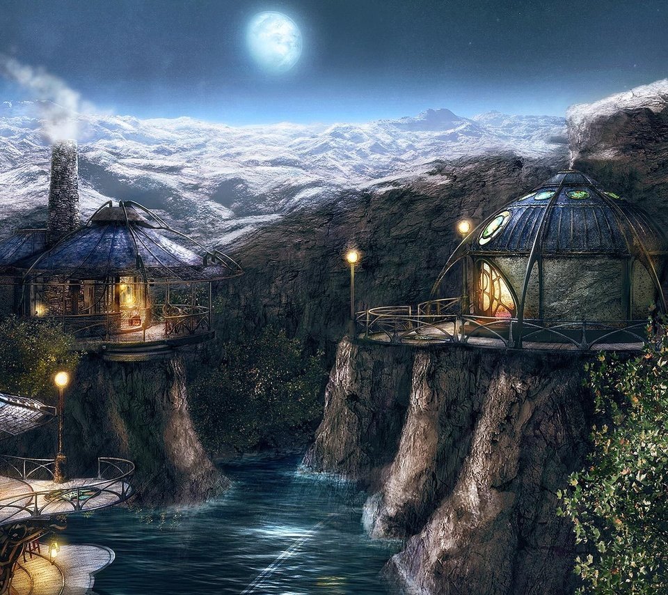 Обои река, горы, myst 4, деревня, луна, river, mountains, village, the moon разрешение 3200x1200 Загрузить