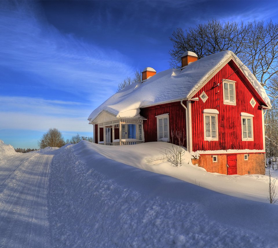 Обои дорога, снег, зима, дом, road, snow, winter, house разрешение 1920x1200 Загрузить