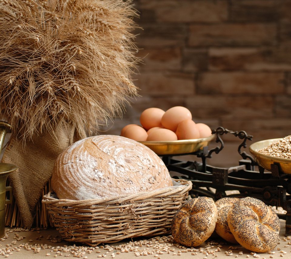 Обои хлеб, весы, яйца, зерно, булочки, мука, ступка, bread, libra, eggs, grain, buns, flour, mortar разрешение 2560x1600 Загрузить