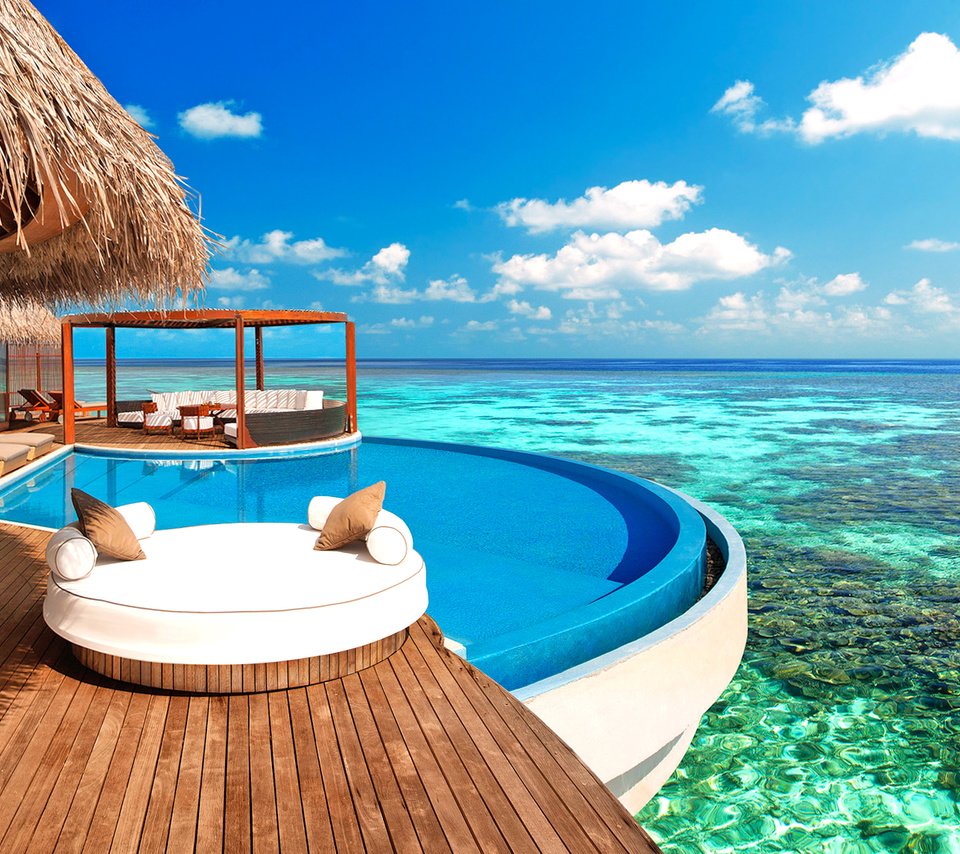 Обои море, бунгало, тропики, мальдивы, sea, bungalow, tropics, the maldives разрешение 2088x1146 Загрузить