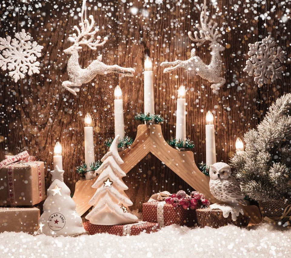 Обои свечи, снежинки, игрушки, олени, счастливого рождества, candles, snowflakes, toys, deer, merry christmas разрешение 5616x3744 Загрузить