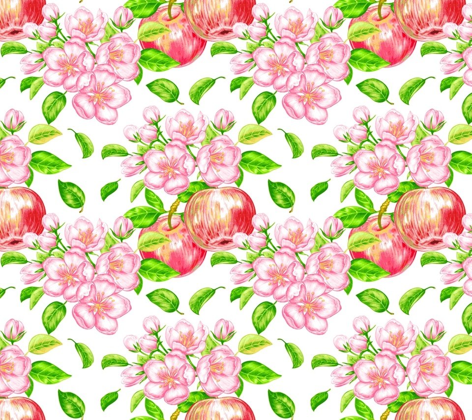 Обои цветы, узор, фрукты, яблоки, плоды, flowers, pattern, fruit, apples разрешение 1920x1280 Загрузить