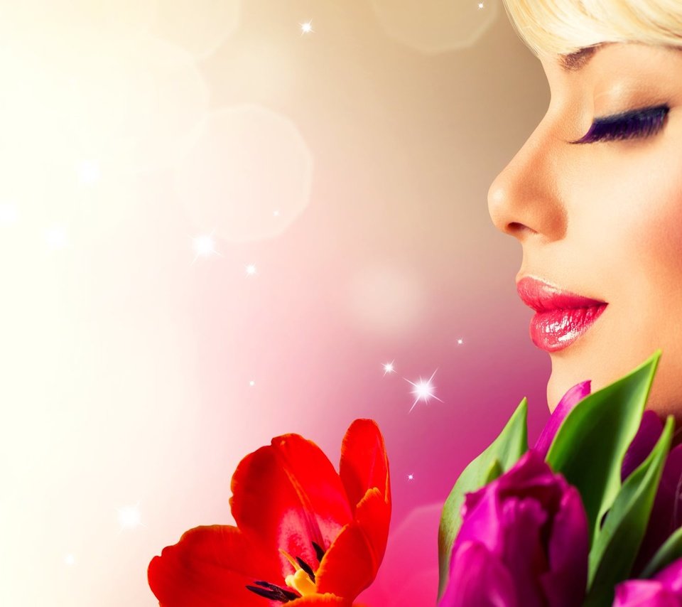 Обои цветы, девушка, профиль, весна, тюльпаны, ресницы, flowers, girl, profile, spring, tulips, eyelashes разрешение 1920x1200 Загрузить