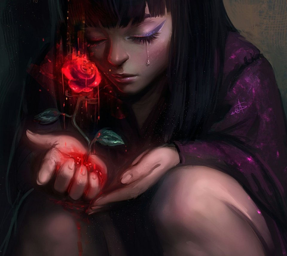 Обои арт, кровь, роза, девочка, слеза, судьба, art, blood, rose, girl, tear, destiny разрешение 2000x1312 Загрузить