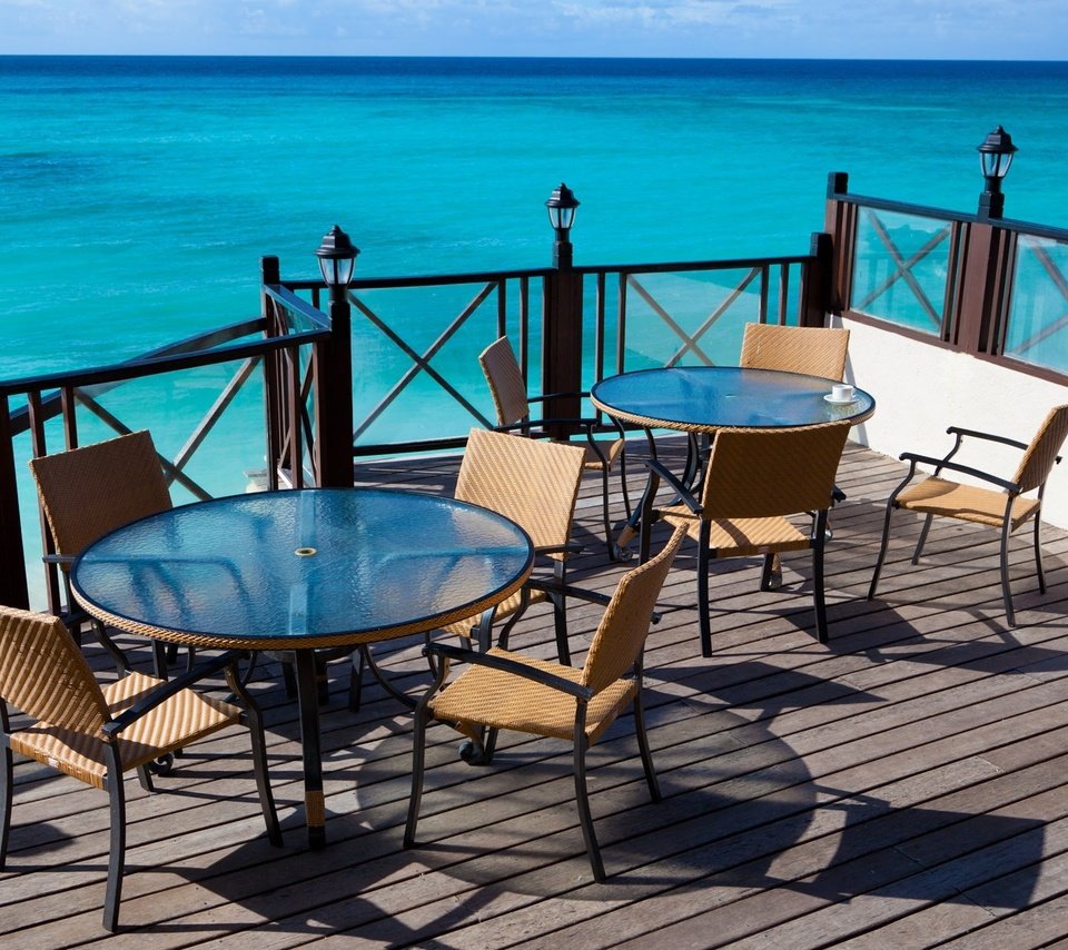 Обои море, кафе, столы, стулья, sea, cafe, tables, chairs разрешение 1920x1280 Загрузить