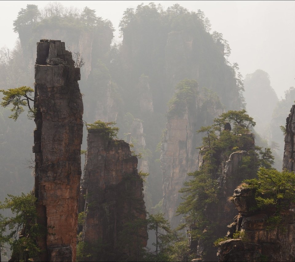 Обои горы, скалы, туман, китай, zhangjiajie national park, mountains, rocks, fog, china разрешение 1920x1080 Загрузить