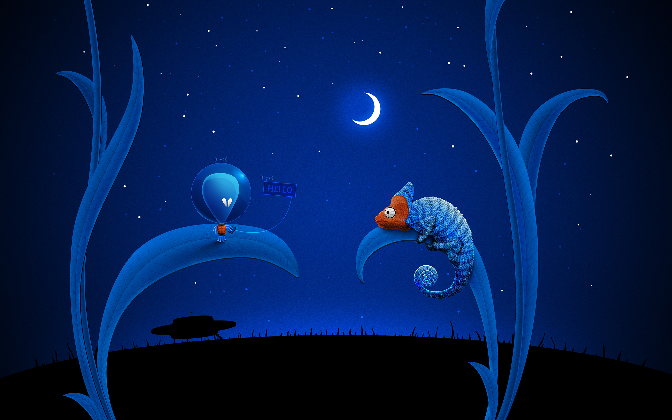 Обои синий, луна, нло, хамелеон, инопланетянин, blue, the moon, ufo, chameleon, alien разрешение 2560x1600 Загрузить