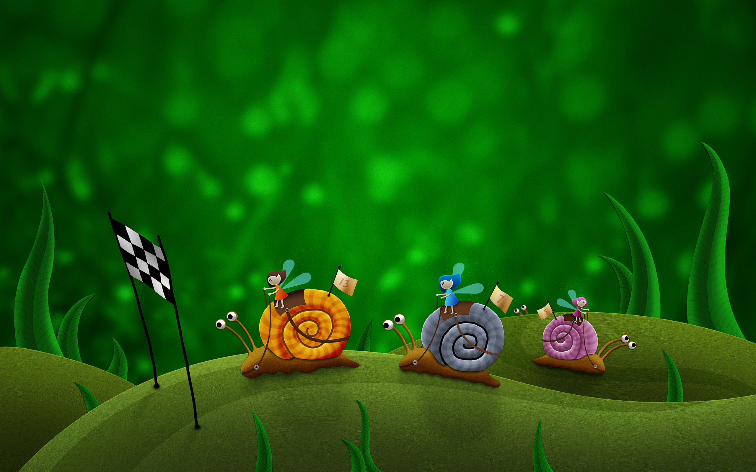 Обои рисунок, зелёный, гонки, улитки, figure, green, race, snails разрешение 2560x1600 Загрузить